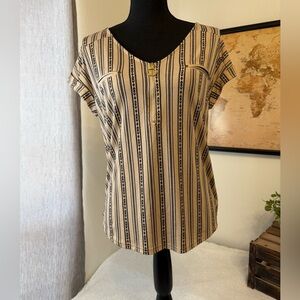 Striped V-Neck Short Sleeve Women's Top in Beige and Black